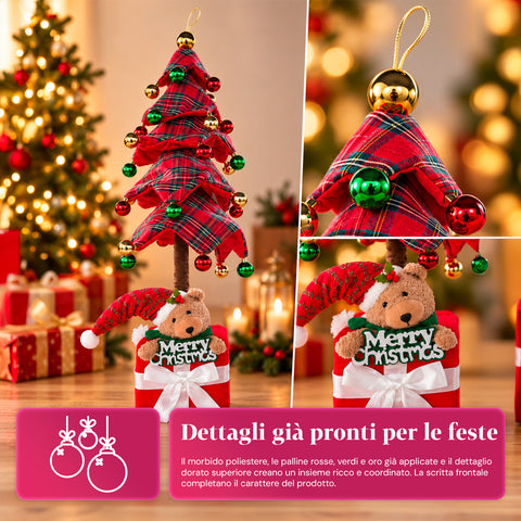 Albero di Natale Decorativo Estensibile 95 cm e 90 cm in Poliestere con Base Pacco Regalo e Palline Rosse, Verdi e Oro – 3 Varianti di Colore