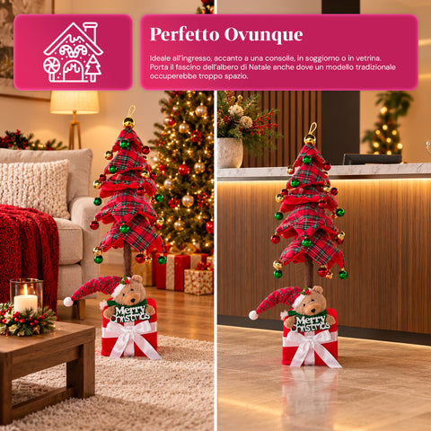 Albero di Natale Decorativo Estensibile 95 cm e 90 cm in Poliestere con Base Pacco Regalo e Palline Rosse, Verdi e Oro – 3 Varianti di Colore