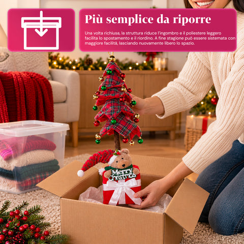 Albero di Natale Decorativo Estensibile 95 cm e 90 cm in Poliestere con Base Pacco Regalo e Palline Rosse, Verdi e Oro – 3 Varianti di Colore