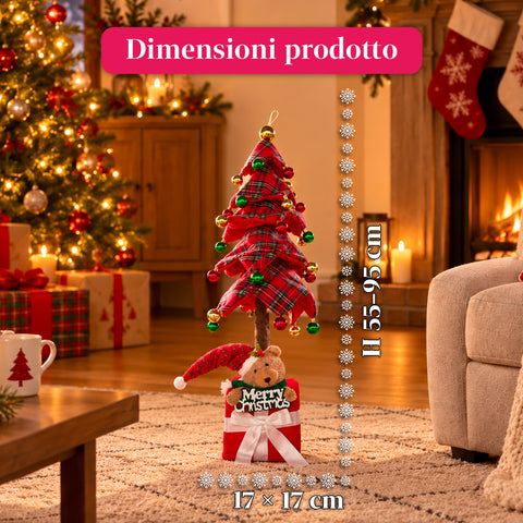 Albero di Natale Decorativo Estensibile 95 cm e 90 cm in Poliestere con Base Pacco Regalo e Palline Rosse, Verdi e Oro – 3 Varianti di Colore
