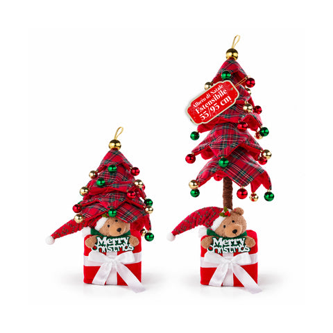 Albero di Natale Decorativo Estensibile 95 cm e 90 cm in Poliestere con Base Pacco Regalo e Palline Rosse, Verdi e Oro – 3 Varianti di Colore