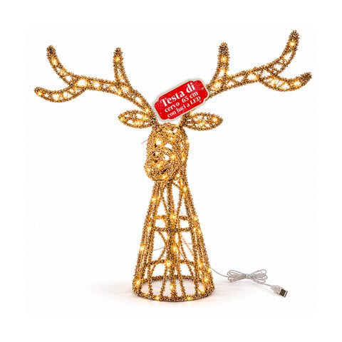Cervo Luminoso LED Glitter Oro, Decorazione Natalizia in Ferro e Polietilene, Luce Calda Alimentata USB, 3 Misure: 65, 85 e 110 cm