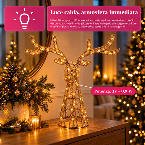 Cervo Luminoso LED Glitter Oro, Decorazione Natalizia in Ferro e Polietilene, Luce Calda Alimentata USB, 3 Misure: 65, 85 e 110 cm