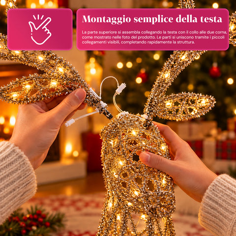 Cervo Luminoso LED Glitter Oro, Decorazione Natalizia in Ferro e Polietilene, Luce Calda Alimentata USB, 3 Misure: 65, 85 e 110 cm