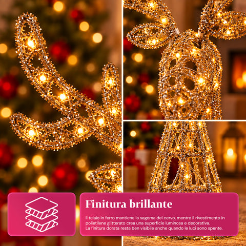 Cervo Luminoso LED Glitter Oro, Decorazione Natalizia in Ferro e Polietilene, Luce Calda Alimentata USB, 3 Misure: 65, 85 e 110 cm