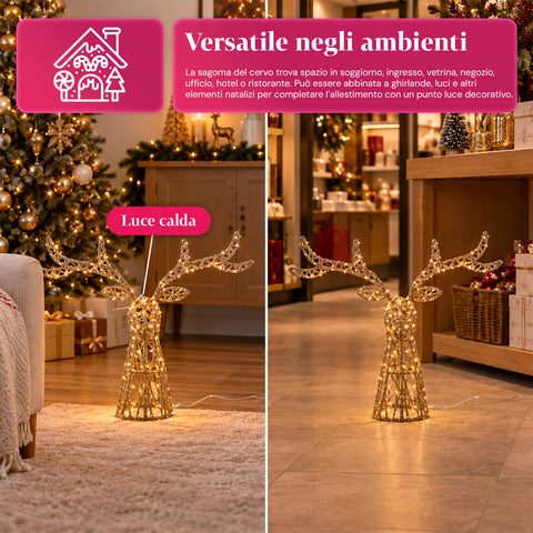 Cervo Luminoso LED Glitter Oro, Decorazione Natalizia in Ferro e Polietilene, Luce Calda Alimentata USB, 3 Misure: 65, 85 e 110 cm