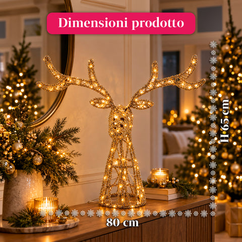Cervo Luminoso LED Glitter Oro, Decorazione Natalizia in Ferro e Polietilene, Luce Calda Alimentata USB, 3 Misure: 65, 85 e 110 cm