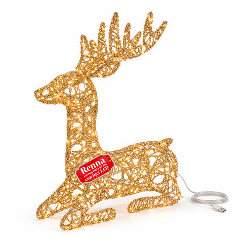 Cervo Luminoso LED Glitter Oro, Decorazione Natalizia in Ferro e Polietilene, Luce Calda Alimentata USB, 3 Misure: 65, 85 e 110 cm