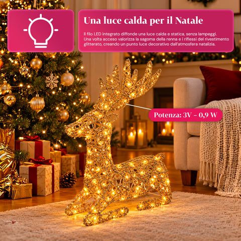 Cervo Luminoso LED Glitter Oro, Decorazione Natalizia in Ferro e Polietilene, Luce Calda Alimentata USB, 3 Misure: 65, 85 e 110 cm