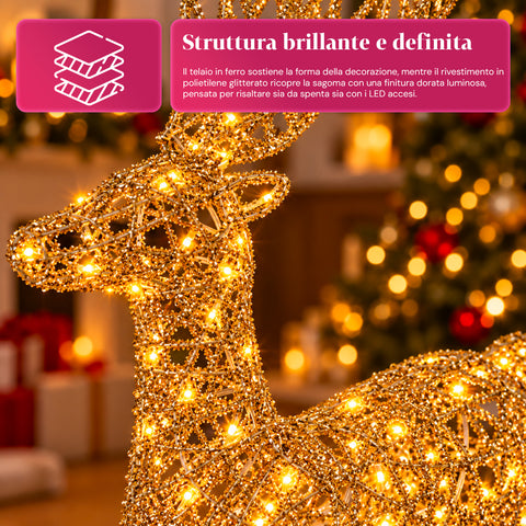 Cervo Luminoso LED Glitter Oro, Decorazione Natalizia in Ferro e Polietilene, Luce Calda Alimentata USB, 3 Misure: 65, 85 e 110 cm