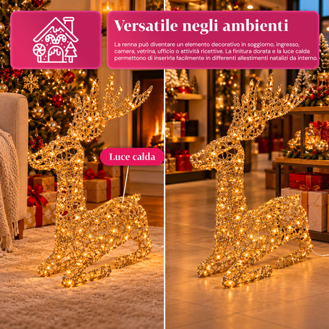 Cervo Luminoso LED Glitter Oro, Decorazione Natalizia in Ferro e Polietilene, Luce Calda Alimentata USB, 3 Misure: 65, 85 e 110 cm