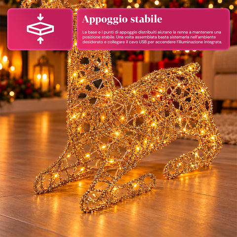 Cervo Luminoso LED Glitter Oro, Decorazione Natalizia in Ferro e Polietilene, Luce Calda Alimentata USB, 3 Misure: 65, 85 e 110 cm