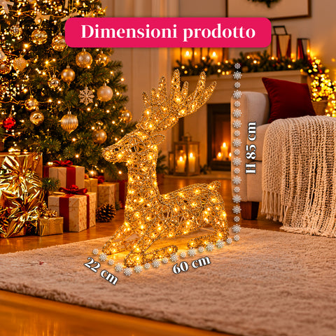 Cervo Luminoso LED Glitter Oro, Decorazione Natalizia in Ferro e Polietilene, Luce Calda Alimentata USB, 3 Misure: 65, 85 e 110 cm