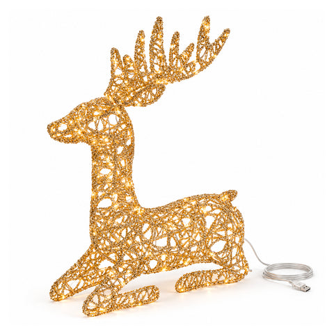 Cervo Luminoso LED Glitter Oro, Decorazione Natalizia in Ferro e Polietilene, Luce Calda Alimentata USB, 3 Misure: 65, 85 e 110 cm