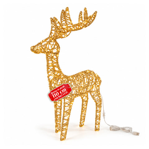 Cervo Luminoso LED Glitter Oro, Decorazione Natalizia in Ferro e Polietilene, Luce Calda Alimentata USB, 3 Misure: 65, 85 e 110 cm