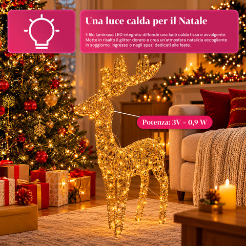 Cervo Luminoso LED Glitter Oro, Decorazione Natalizia in Ferro e Polietilene, Luce Calda Alimentata USB, 3 Misure: 65, 85 e 110 cm