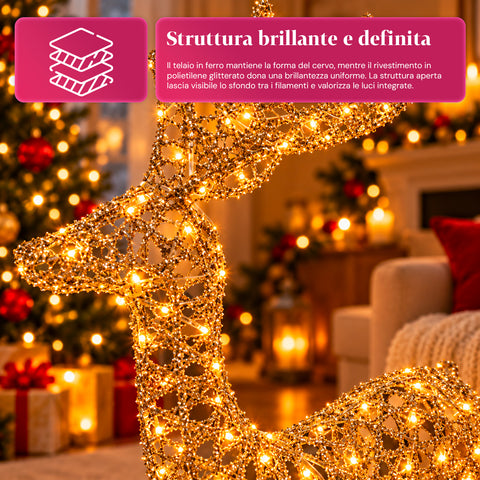 Cervo Luminoso LED Glitter Oro, Decorazione Natalizia in Ferro e Polietilene, Luce Calda Alimentata USB, 3 Misure: 65, 85 e 110 cm