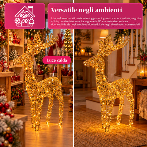 Cervo Luminoso LED Glitter Oro, Decorazione Natalizia in Ferro e Polietilene, Luce Calda Alimentata USB, 3 Misure: 65, 85 e 110 cm