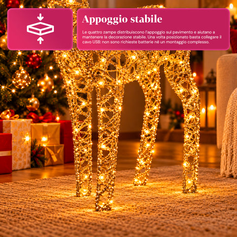 Cervo Luminoso LED Glitter Oro, Decorazione Natalizia in Ferro e Polietilene, Luce Calda Alimentata USB, 3 Misure: 65, 85 e 110 cm