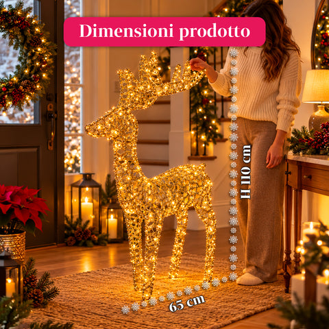 Cervo Luminoso LED Glitter Oro, Decorazione Natalizia in Ferro e Polietilene, Luce Calda Alimentata USB, 3 Misure: 65, 85 e 110 cm