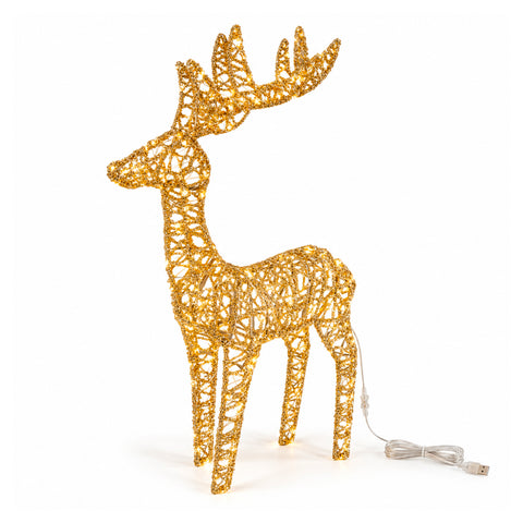 Cervo Luminoso LED Glitter Oro, Decorazione Natalizia in Ferro e Polietilene, Luce Calda Alimentata USB, 3 Misure: 65, 85 e 110 cm