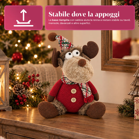 Renna Natalizia Decorativa in Poliestere - Ornamento di Natale con Base Sabbiata, Design Simpatico, 4 Varianti Stile, 2 Misure 35 e 50 cm