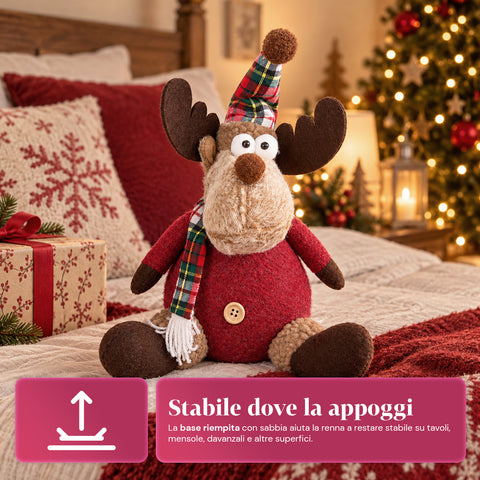 Renna Natalizia Decorativa in Poliestere - Ornamento di Natale con Base Sabbiata, Design Simpatico, 4 Varianti Stile, 2 Misure 35 e 50 cm