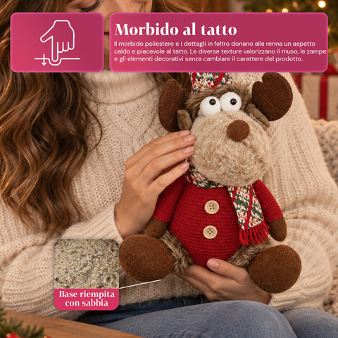 Renna Natalizia Decorativa in Poliestere - Ornamento di Natale con Base Sabbiata, Design Simpatico, 4 Varianti Stile, 2 Misure 35 e 50 cm