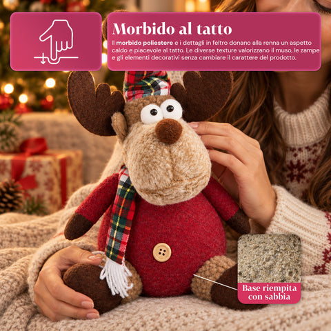 Renna Natalizia Decorativa in Poliestere - Ornamento di Natale con Base Sabbiata, Design Simpatico, 4 Varianti Stile, 2 Misure 35 e 50 cm