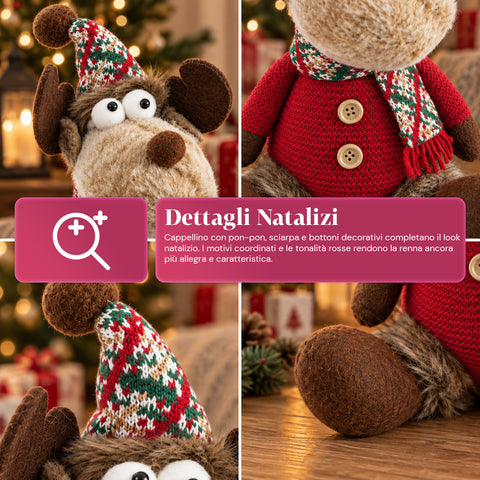 Renna Natalizia Decorativa in Poliestere - Ornamento di Natale con Base Sabbiata, Design Simpatico, 4 Varianti Stile, 2 Misure 35 e 50 cm