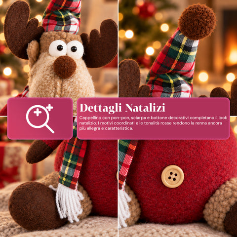 Renna Natalizia Decorativa in Poliestere - Ornamento di Natale con Base Sabbiata, Design Simpatico, 4 Varianti Stile, 2 Misure 35 e 50 cm