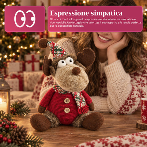 Renna Natalizia Decorativa in Poliestere - Ornamento di Natale con Base Sabbiata, Design Simpatico, 4 Varianti Stile, 2 Misure 35 e 50 cm