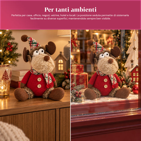 Renna Natalizia Decorativa in Poliestere - Ornamento di Natale con Base Sabbiata, Design Simpatico, 4 Varianti Stile, 2 Misure 35 e 50 cm