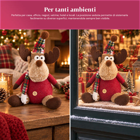Renna Natalizia Decorativa in Poliestere - Ornamento di Natale con Base Sabbiata, Design Simpatico, 4 Varianti Stile, 2 Misure 35 e 50 cm