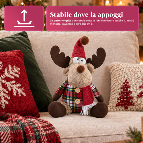 Renna Natalizia Decorativa in Poliestere - Ornamento di Natale con Base Sabbiata, Design Simpatico, 4 Varianti Stile, 2 Misure 35 e 50 cm