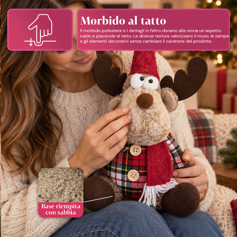 Renna Natalizia Decorativa in Poliestere - Ornamento di Natale con Base Sabbiata, Design Simpatico, 4 Varianti Stile, 2 Misure 35 e 50 cm