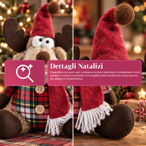 Renna Natalizia Decorativa in Poliestere - Ornamento di Natale con Base Sabbiata, Design Simpatico, 4 Varianti Stile, 2 Misure 35 e 50 cm