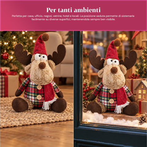 Renna Natalizia Decorativa in Poliestere - Ornamento di Natale con Base Sabbiata, Design Simpatico, 4 Varianti Stile, 2 Misure 35 e 50 cm