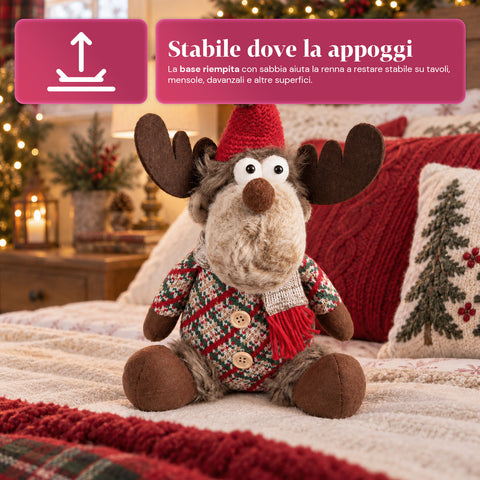 Renna Natalizia Decorativa in Poliestere - Ornamento di Natale con Base Sabbiata, Design Simpatico, 4 Varianti Stile, 2 Misure 35 e 50 cm