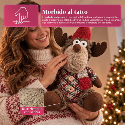 Renna Natalizia Decorativa in Poliestere - Ornamento di Natale con Base Sabbiata, Design Simpatico, 4 Varianti Stile, 2 Misure 35 e 50 cm
