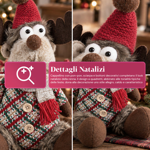 Renna Natalizia Decorativa in Poliestere - Ornamento di Natale con Base Sabbiata, Design Simpatico, 4 Varianti Stile, 2 Misure 35 e 50 cm