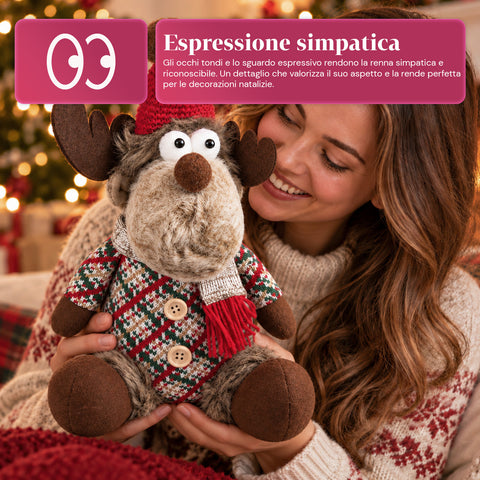 Renna Natalizia Decorativa in Poliestere - Ornamento di Natale con Base Sabbiata, Design Simpatico, 4 Varianti Stile, 2 Misure 35 e 50 cm