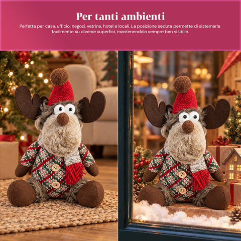 Renna Natalizia Decorativa in Poliestere - Ornamento di Natale con Base Sabbiata, Design Simpatico, 4 Varianti Stile, 2 Misure 35 e 50 cm
