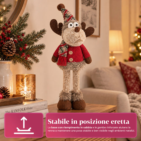 Renna Natalizia Decorativa in Poliestere - Ornamento di Natale con Base Sabbiata, Design Simpatico, 4 Varianti Stile, 2 Misure 35 e 50 cm