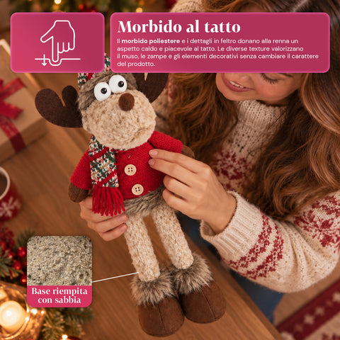 Renna Natalizia Decorativa in Poliestere - Ornamento di Natale con Base Sabbiata, Design Simpatico, 4 Varianti Stile, 2 Misure 35 e 50 cm