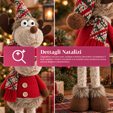 Renna Natalizia Decorativa in Poliestere - Ornamento di Natale con Base Sabbiata, Design Simpatico, 4 Varianti Stile, 2 Misure 35 e 50 cm