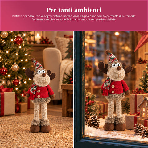 Renna Natalizia Decorativa in Poliestere - Ornamento di Natale con Base Sabbiata, Design Simpatico, 4 Varianti Stile, 2 Misure 35 e 50 cm
