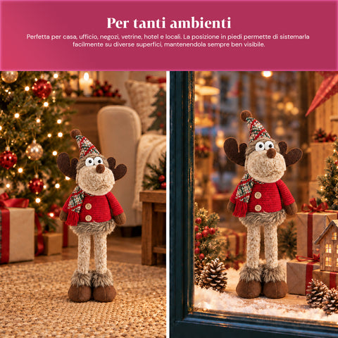 Renna Natalizia Decorativa in Poliestere - Ornamento di Natale con Base Sabbiata, Design Simpatico, 4 Varianti Stile, 2 Misure 35 e 50 cm