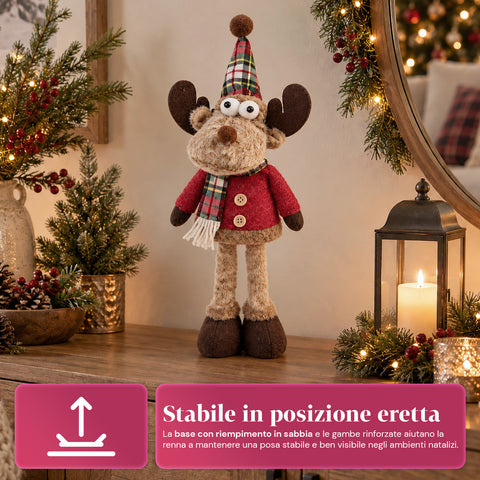 Renna Natalizia Decorativa in Poliestere - Ornamento di Natale con Base Sabbiata, Design Simpatico, 4 Varianti Stile, 2 Misure 35 e 50 cm