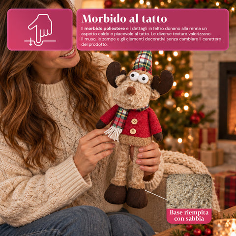 Renna Natalizia Decorativa in Poliestere - Ornamento di Natale con Base Sabbiata, Design Simpatico, 4 Varianti Stile, 2 Misure 35 e 50 cm
